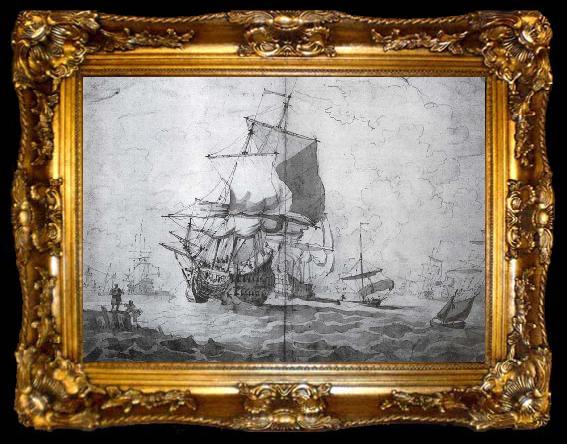framed  Monamy, Peter A two-decker man-o-war shortening sail seen from the port bow other craft lightly pencilled in the background, ta009-2